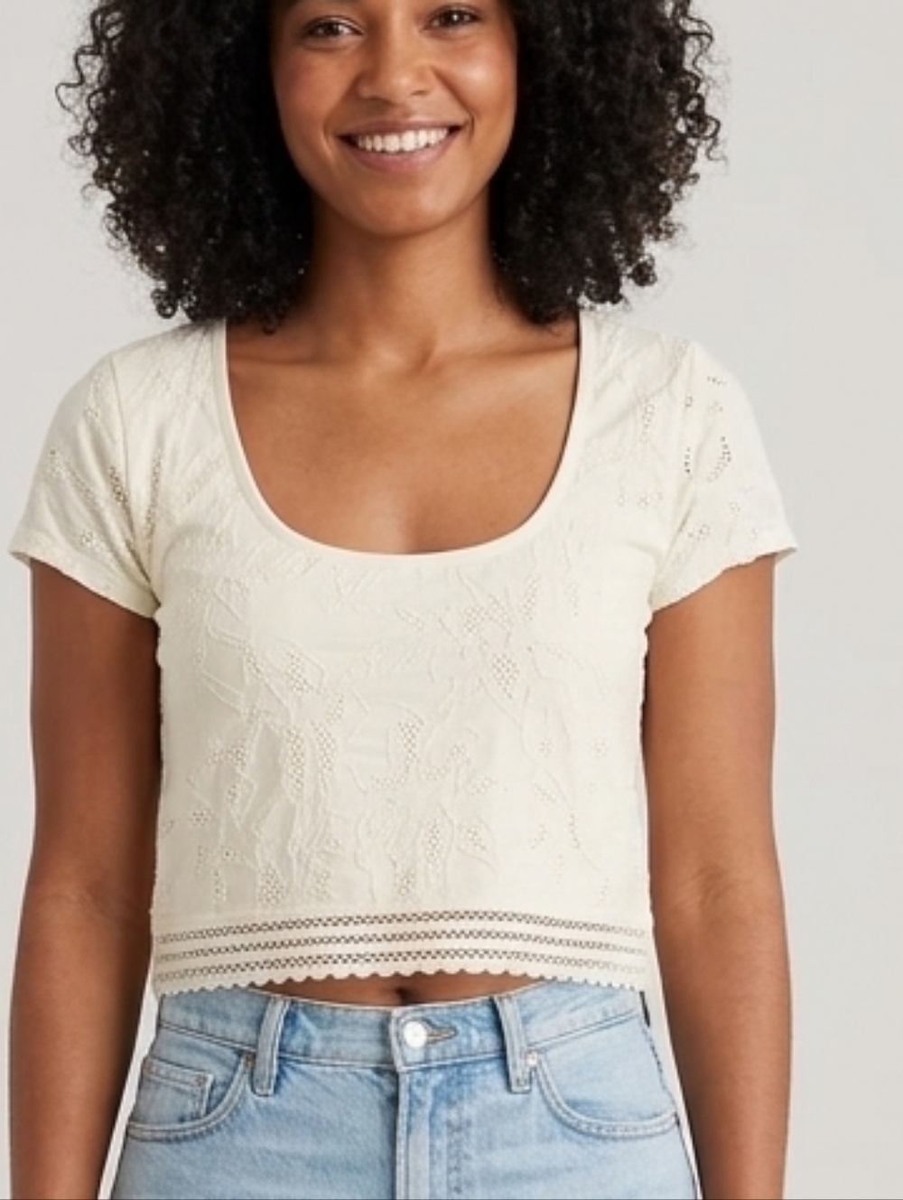 aerie White Short Sleeve Lace Scoop Crop Top